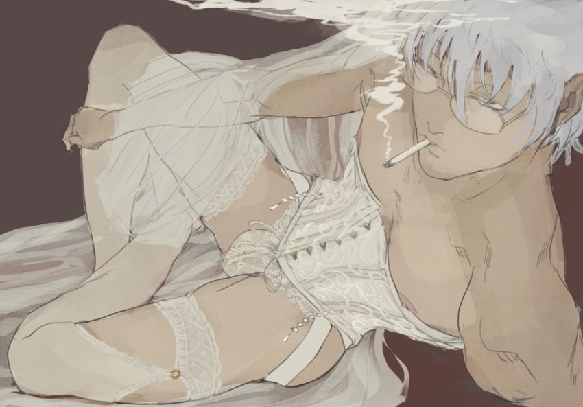 alternate_costume bulge cigarette class_3-z corset crossdressing garter garter_straps gintama gintoki_sakata glasses jockstrap krrnog_i lace lace-trimmed_thighhighs lingerie male male_only pecs sheer_legwear smoking solo stockings teacher thighhighs veil wedding_lingerie white_hair white_legwear white_thighhighs