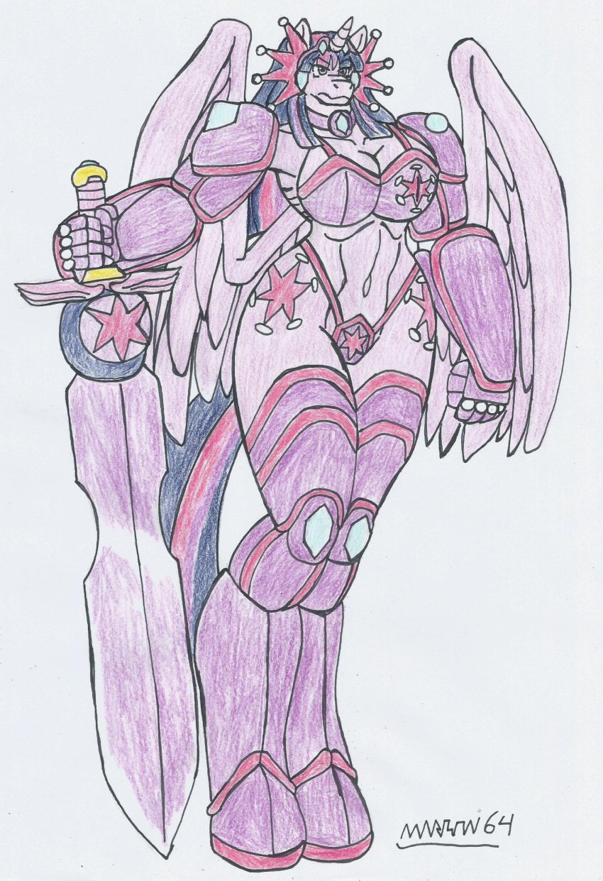 alicorn anthro big_breasts big_hips bikini_armor female_knight female_only furry marlon64 my_little_pony my_little_pony_friendship_is_magic purple_body purple_skin solo sword swordswoman traditional_media_(artwork) twilight_sparkle_(mlp) wings