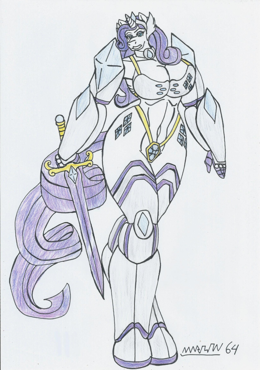 anthro big_breasts big_hips bikini_armor female_knight female_only furry marlon64 my_little_pony my_little_pony_friendship_is_magic purple_hair rapier rarity_(mlp) solo sword swordswoman traditional_media_(artwork) unicorn_humanoid white_body white_fur