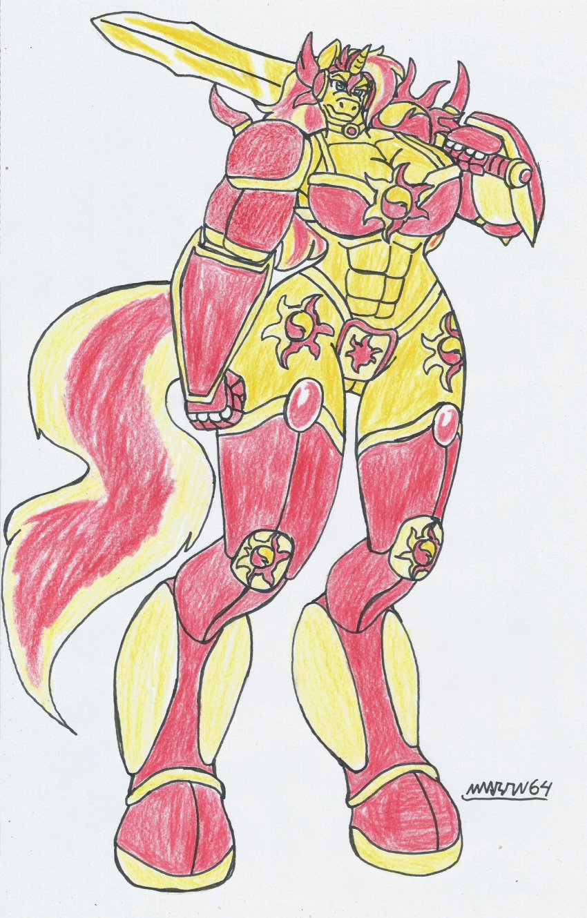 anthro big_breasts big_hips bikini_armor female_knight female_only furry gold_fur hair_highlights marlon64 muscular_female my_little_pony my_little_pony_friendship_is_magic sunset_shimmer sword swordswoman traditional_media_(artwork) unicorn_humanoid