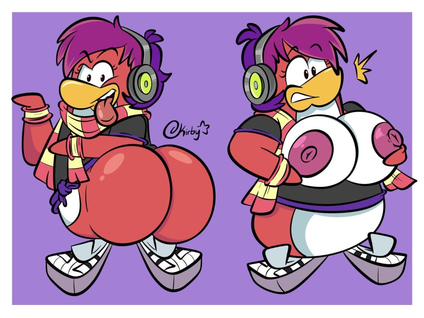 1girls anthro areola ass avian bird bottomless breasts clothed clothing club_penguin dj_cadence exposed_breasts female female_only footwear hair headphones hi_res holding_breast kirbyjack looking_at_viewer looking_back nipples penguin purple_hair rear_view shirt shirt_only shoes solo suprised_look tongue tongue_out topwear topwear_only