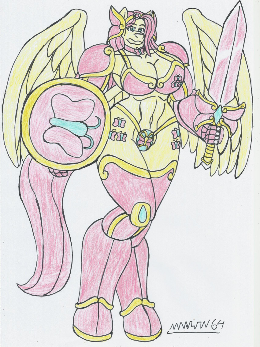 anthro big_breasts big_hips bikini_armor female_knight female_only fluttershy_(mlp) furry marlon64 my_little_pony my_little_pony_friendship_is_magic pegasus pink_hair sword_and_shield swordswoman traditional_media_(artwork) winged_humanoid yellow_fur