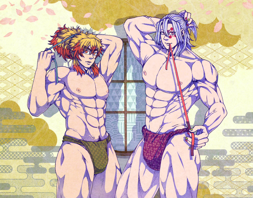 abs bara big_pecs blonde_hair bulge demon_slayer facepaint fundoshi gay happy_trail japanese_clothes kimetsu_no_yaiba looking_at_viewer makeup male male_only muscular muscular_male nail_polish pecs ponytail pubic_hair_peek rengoku_kyoujurou roofpic thick_eyebrows topless topless_male two_tone_hair tying_hair uzui_tengen veiny_muscles white_hair yaoi