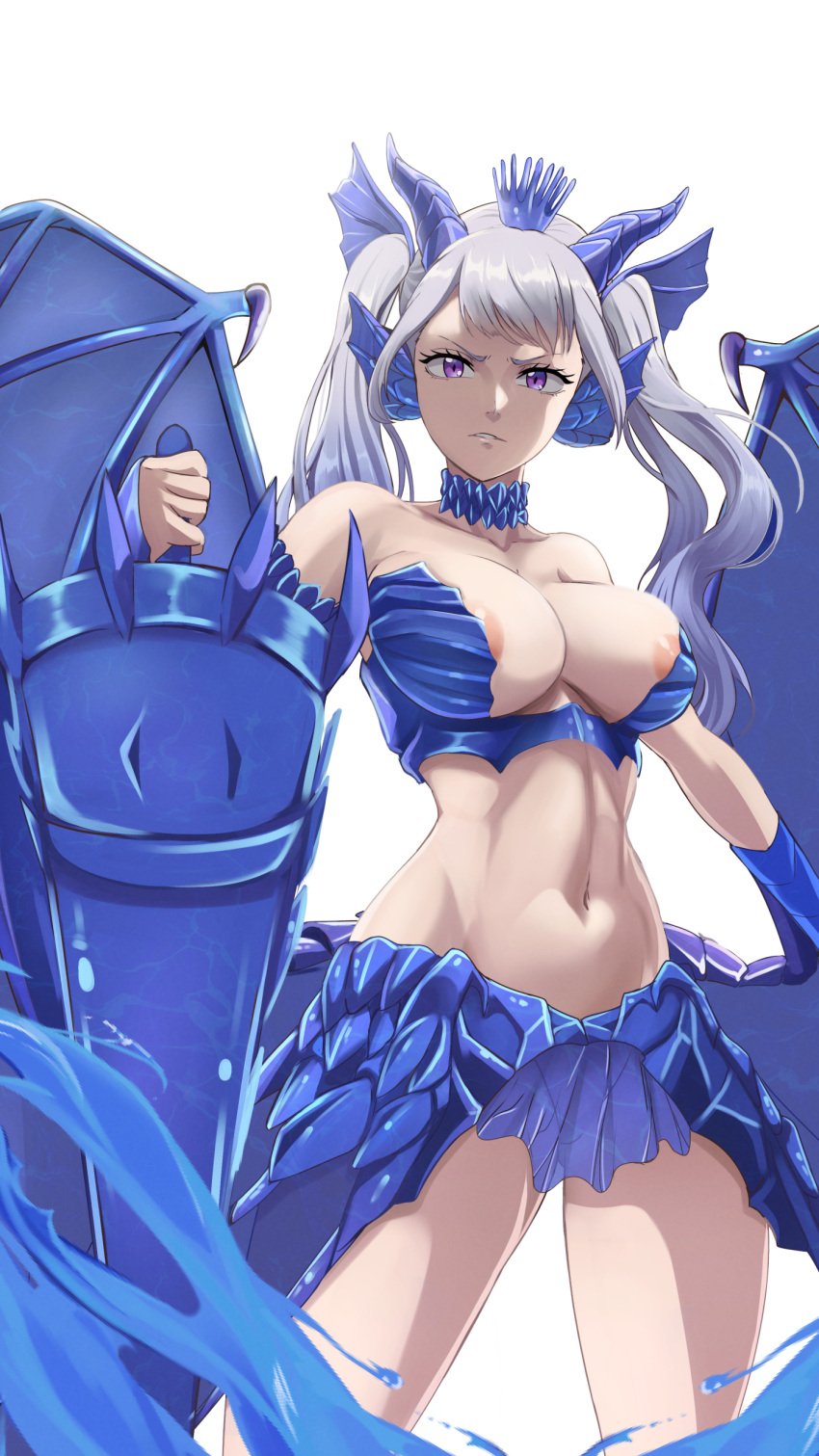 1girls 2d areola_slip areolae armor big_breasts black_clover breasts choker crown curvy dragon_girl dragon_horns dragon_wings exposed_breasts gauntlets gloves grey_hair hi_res holding_object holding_weapon horns lance large_breasts long_hair looking_at_viewer midriff miniskirt navel no_bra no_panties noelle_silva purple_eyes silver_hair simple_background skimpy stomach the_amazing_gambit thick_thighs thighs twintails voluptuous white_background wide_hips wings