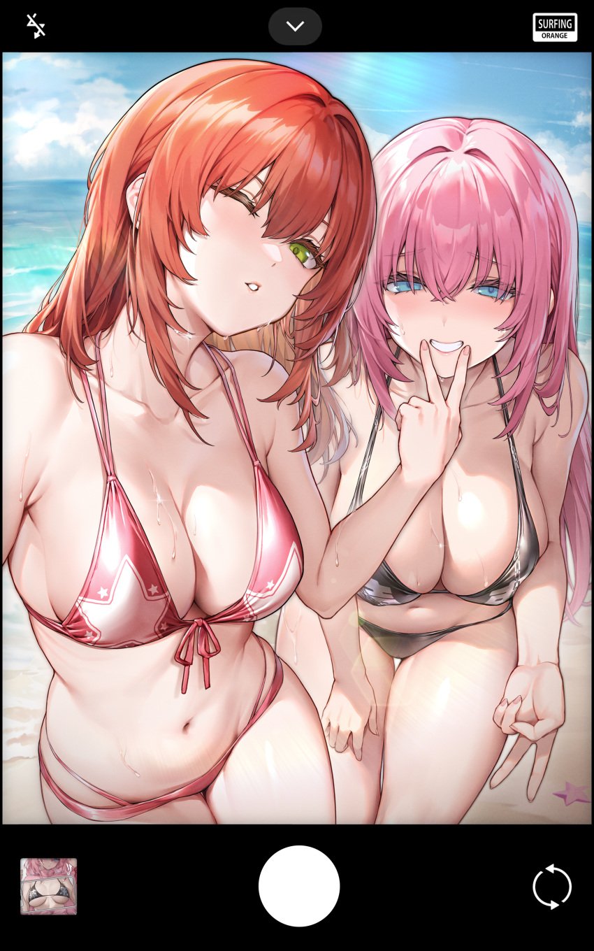 2d 2girls absurdres aqua_eyes artist_name beach bikini black_bikini blue_sky blush bocchi_the_rock! breasts camera_phone cleavage cloud cloudy_sky collarbone day gotou_hitori green_eyes groin hair_between_eyes highres kita_ikuyo large_breasts long_hair looking_at_viewer multiple_girls navel ocean one_eye_closed orange_hair outdoors pink_hair red_bikini sand selfie sky smile star_(symbol) star_print stomach surfing_orange swimsuit teeth v v_over_mouth