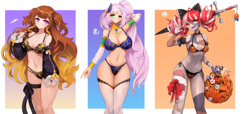 3girls absurdres anya_melfissa bikini bow bowtie breasts candy cleavage clothing female female_only food green_eyes grey_hair halloween highres hololive hololive_indonesia hololive_indonesia_holoro holy_sword_excalibur kureiji_ollie large_breasts lollipop long_hair medium_breasts multiple_girls notte_(artist) patchwork_skin pavolia_reine pumpkin purple_eyes ribbon short_hair small_breasts swimsuit thick_thighs thighhighs thighs virtual_youtuber zombie zombie_girl