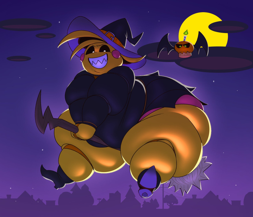 1girls 2023 animatronic animatronic_female anthro avian bat_wings bbw beakless big_ass black_sclera bottom_heavy chicken chicken_girl chubby_cheeks chubby_female cupcake_(fnaf) dark_lighting double_chin fat fat_arms fat_ass fat_legs fat_thighs female female_anthro female_focus five_nights_at_freddy's five_nights_at_freddy's_2 flying_broom full_moon grin halloween halloween_costume halloween_theme huge_ass huge_thighs mintrimo overweight overweight_anthro overweight_female panties partially_clothed pink_panties pointy_shoes purple_sky sharp_teeth solo squishy_ass ssbbw thick_ass thick_thighs thighs toy_chica_(fnaf) white_iris witch_costume witch_hat