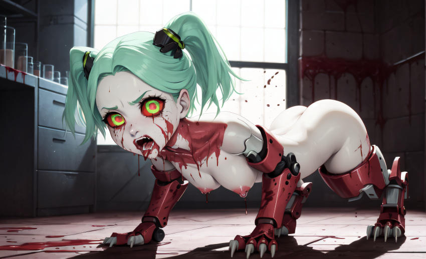 2d ai_generated blood cyberpunk:_edgerunners delcos experiment gore hanging_breasts laboratory mechanical mechanical_arm nude rebecca_(edgerunners)