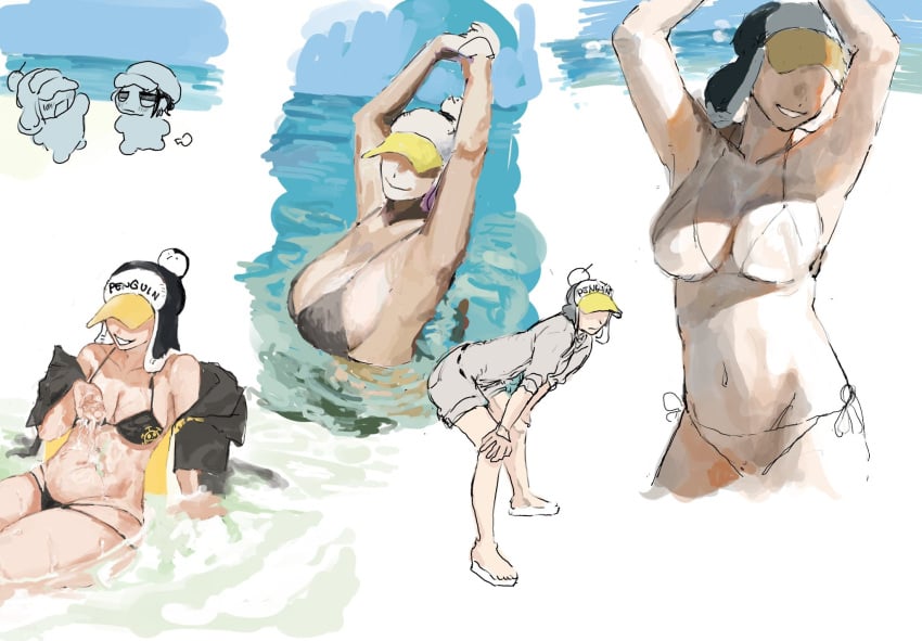 arms_up beach big_breasts bikini black_bikini canon_genderswap colored_sketch covered_eyes female female_only genderswap_(mtf) hat headwear jacket mnel_one multiple_scenes ocean off_shoulder one_piece penguin_(one_piece) rule_63 shaded_face shiku_shiku_no_mi sideboob sketch sketch_page smile swimsuit water