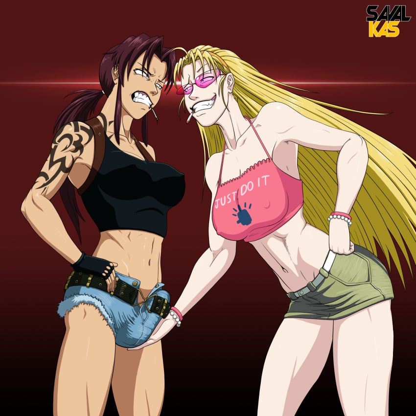 1futa 1girls abs angry angry_expression angry_eyes angry_face balls big_breasts black_lagoon blonde_hair booty_shorts breasts brown_hair bulge bulge_fondling bulge_through_clothing burgundy_hair catfight cigarette cigarette_in_mouth clothed clothing dick duo eda_(black_lagoon) erection eye_contact eye_to_eye female fondling fully_clothed futa_with_female futanari gritted_teeth gritting_teeth hands_on_hips huge_breasts human jean_shorts large_breasts leaning leaning_forward legs light-skinned_female light-skinned_futanari light_skin long_hair nipple_bulge penis pink-tinted_eyewear revy rivals savalkas sexfight skinny smug smug_expression smug_face smug_smile standing staredown sunglasses tank_top tattoo tattooed_arm teeth teeth_clenched teeth_showing testicles thighs tinted_eyewear toned toned_body toned_female touching_balls