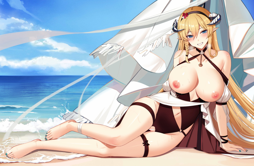 absurdres arknights ateoyh bar_censor barefoot beach blue_eyes blue_nails blush braid breasts casual_one-piece_swimsuit censored cloud collarbone crotch_cutout curled_horns day feet female grin hair_between_eyes hairband highres horns large_breasts linea_alba long_hair looking_at_viewer lying nail_polish navel nipples on_side one-piece_swimsuit outdoors pointy_ears reclining saileach_(arknights) saileach_(summer_flowers)_(arknights) side_braid single_braid smile solo swimsuit toenail_polish toenails toes very_long_hair