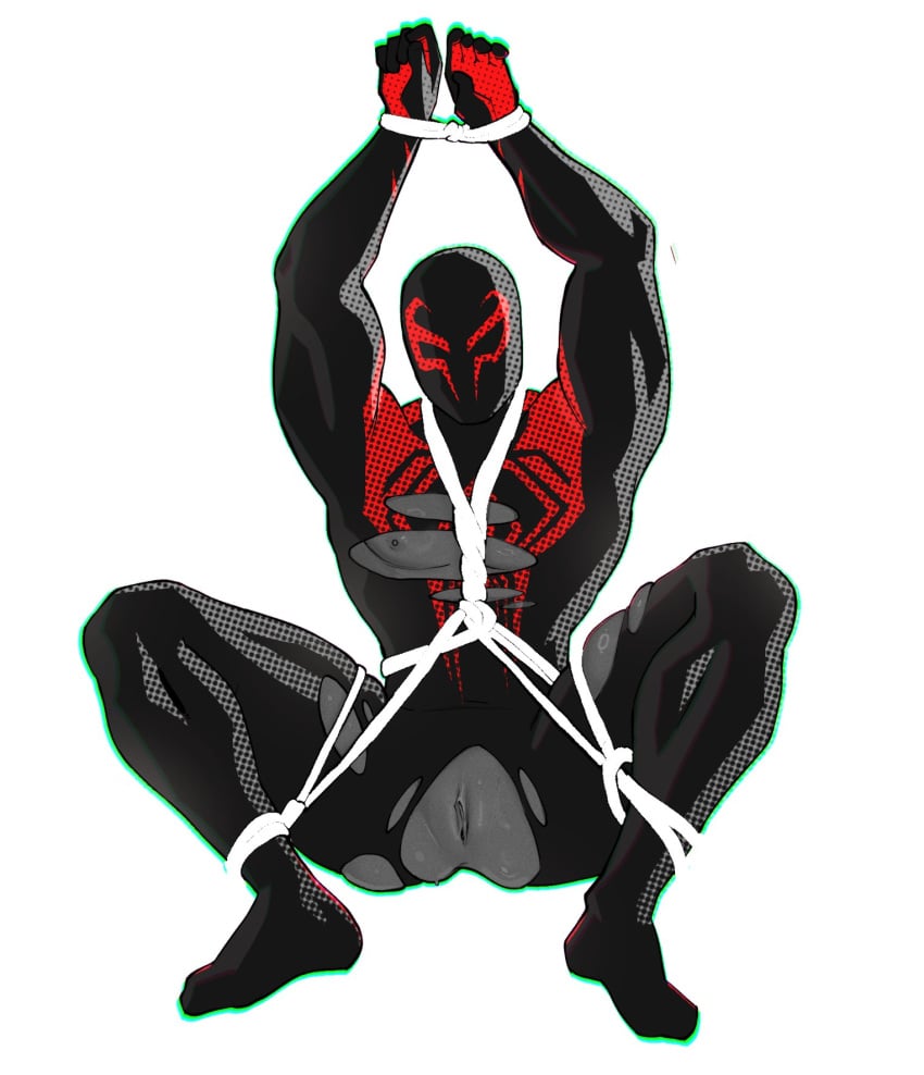 1boy 1cuntboy 2d arms_up bodysuit bondage cuntboy gwenervi intersex male_only marvel miguel_o'hara monochrome muscular pussy rope solo spider-man_2099 spread_legs tied_up torn_bodysuit torn_clothes uncensored