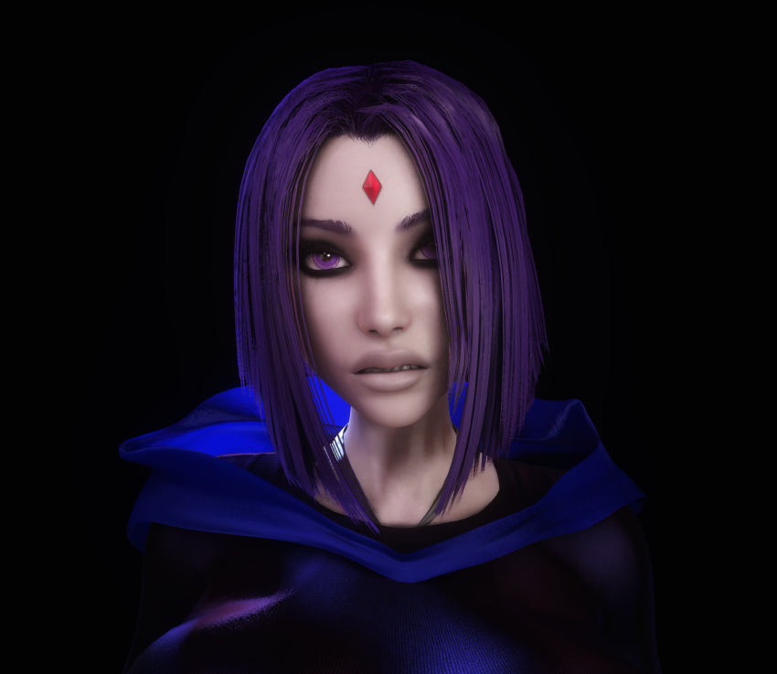 1girls 3d 3d_(artwork) 3d_model alternate_breast_size areolae breasts_bigger_than_head breasts_out cape cleavage close-up dc dc_comics female female_only gigantic_breasts hourglass_figure huge_breasts looking_at_viewer looking_up purple_eyes purple_hair rachel_roth raven_(dc) skin_tight small_waist solo solo_female teen_titans thin_waist upper_body vaako wide_hips