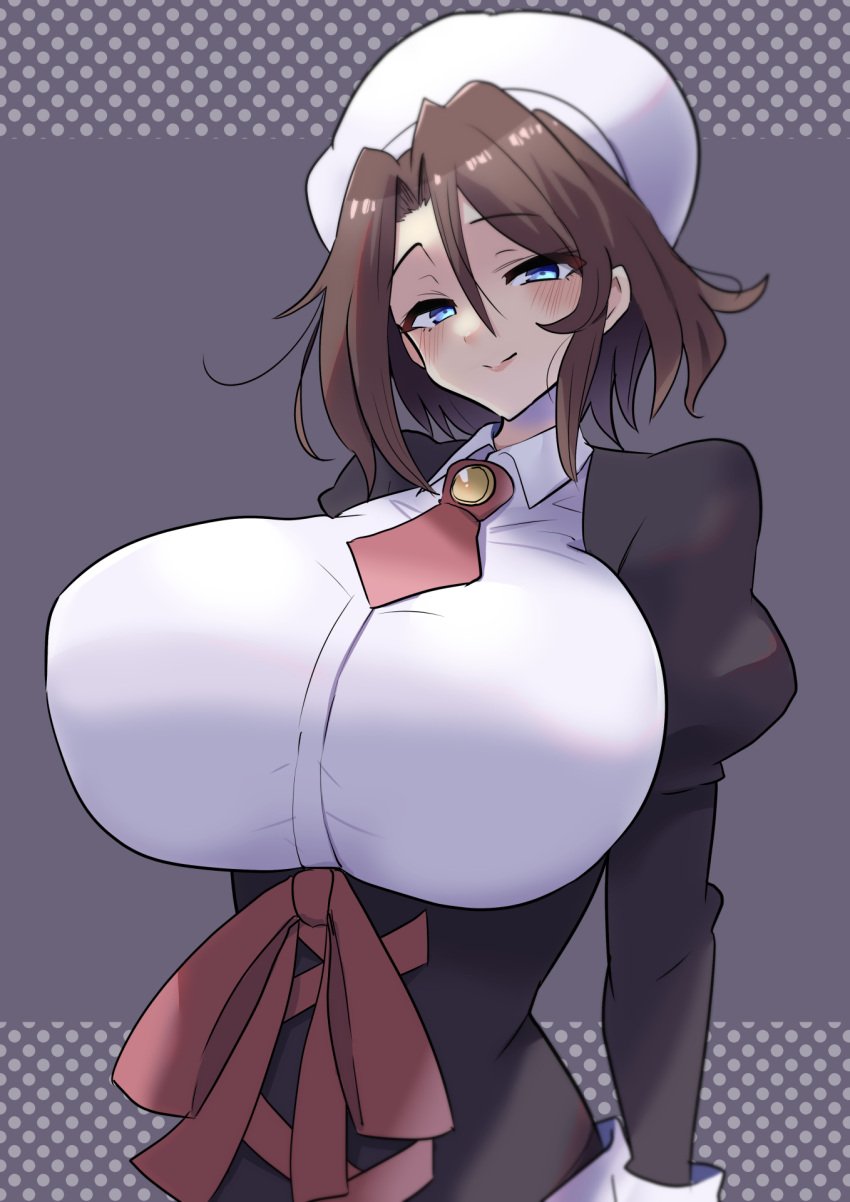 07th_expansion 2d beret big_breasts blue_eyes blush breasts_bigger_than_head brown_hair female female_only fully_clothed huge_breasts long28 maid_uniform shannon_(umineko) short_hair smile solo umineko_no_naku_koro_ni wavy_hair