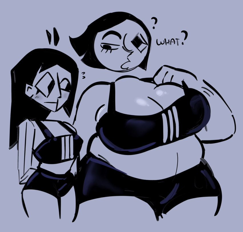 2d 2girls adidas bbw blush breast_comparison breast_envy breasts cleavage confused ena gay hotlegs101_art joel_g looking_at_another's_breasts looking_at_breasts medium_support_(meme) moony_(joel_g) newgrounds polygonal size_comparison size_difference sports_bra sweatdrops