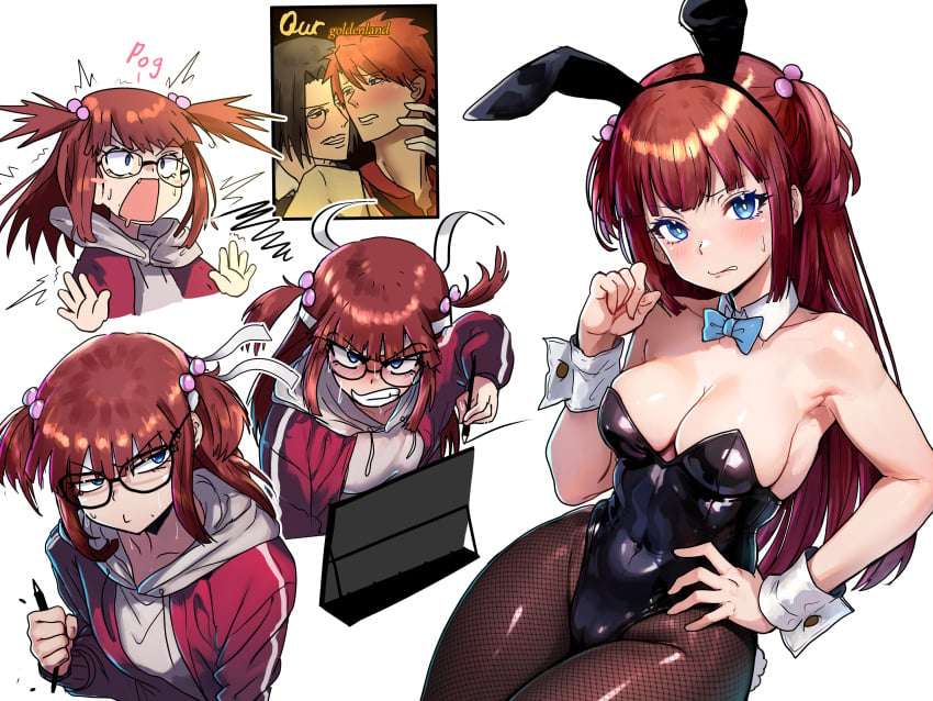 07th_expansion 1girls 2boys 2d ange_ushiromiya auburn_hair battler_ushiromiya blue_eyes blue_hair blush bowtie bunny_ears bunnysuit cleavage detached_collar ebora fake_animal_ears female female_focus fishnets fujoshi glasses hand_on_hip ipad leotard long_hair looking_at_viewer medium_breasts pantyhose red_hair ronove sweatdrop twintails umineko_no_naku_koro_ni wrist_cuffs youngmanisdown