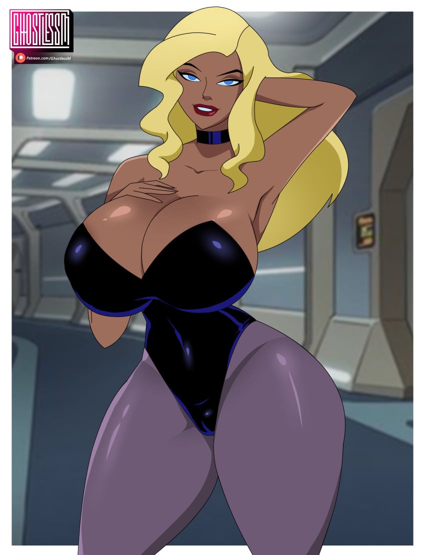 1female 1girls big_breasts black_canary black_choker blonde blonde_female blonde_hair blue_eyes busty choker cleavage dark-skinned_female dc dc_comics dcau dinah_lance ghostlessm giant_breasts hourglass_figure huge_breasts justice_league justice_league_unlimited leotard lipstick looking_at_viewer narrow_waist pantyhose smile solo superheroine thick_thighs top_heavy voluptuous warner_brothers wide_hips