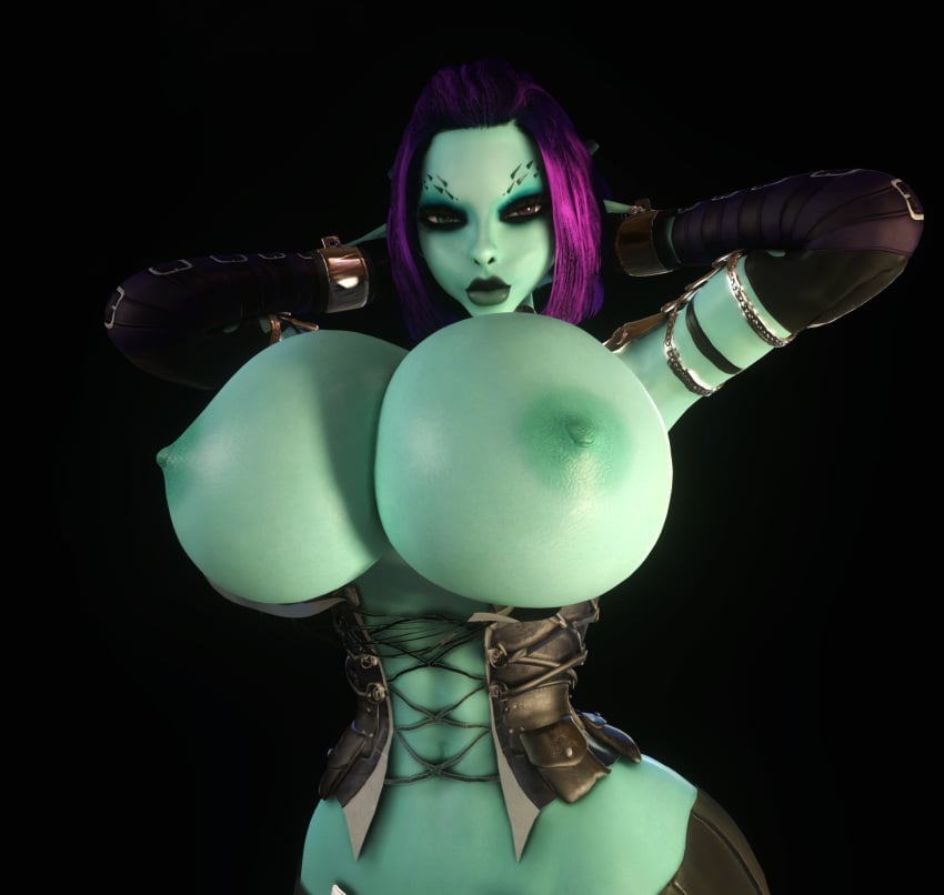 1girls 3d 3d_(artwork) 3d_model areolae breasts_bigger_than_head breasts_out cleavage corset female female_only female_solo gigantic_breasts hands_behind_head heterochromia hourglass_figure huge_breasts long_ears long_pointy_ears looking_at_viewer nipples pointy_ears purple_hair small_waist solo solo_female soria thin_waist upper_body vaako wide_hips