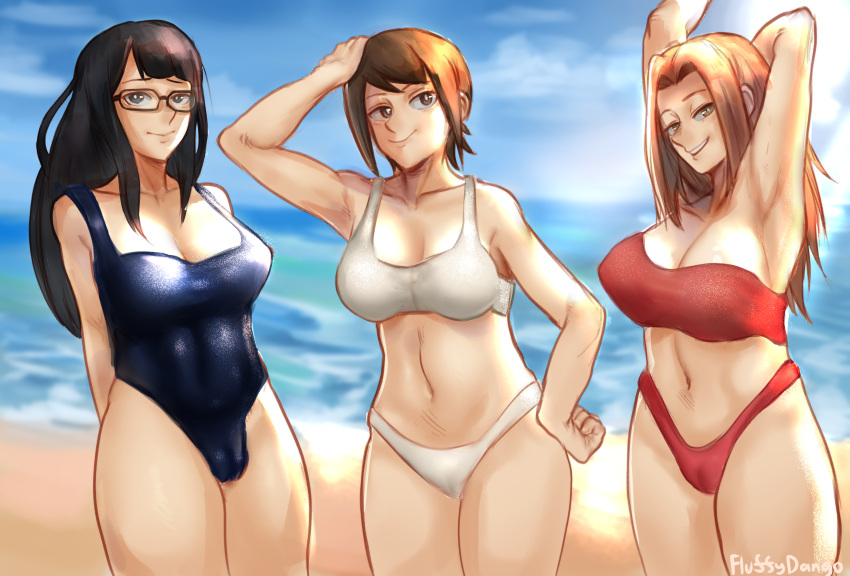 3girls beach black_hair breasts brown_hair digimon digimon_adventure_tri. fluffydango glasses hikari_yagami human long_hair looking_at_viewer meiko_mochizuki mimi_tachikawa short_hair smile swimsuit swimwear