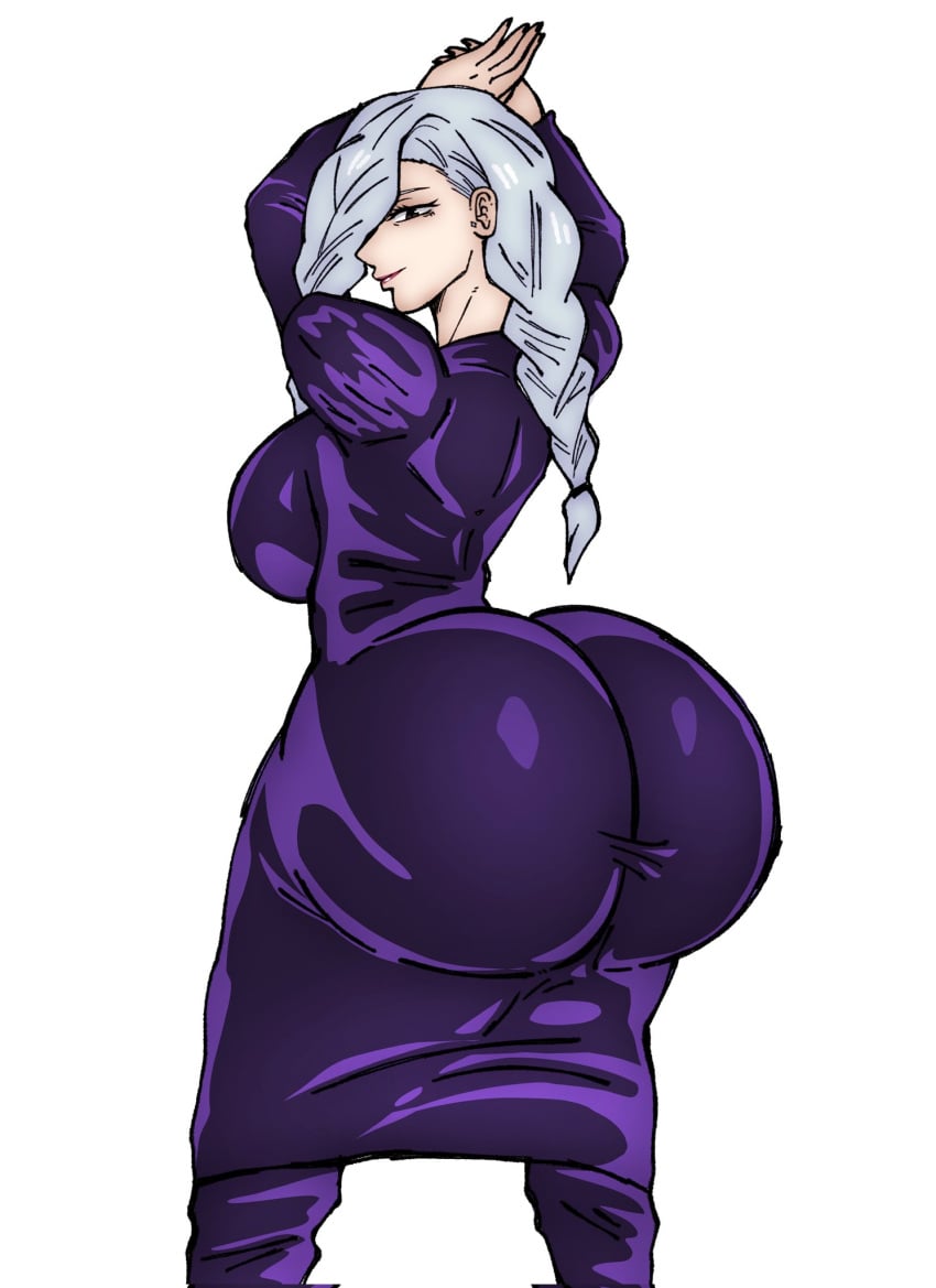 ass ass_in_dress big_ass big_breasts brown_eyes dark_purple_dress dress dress_inside_ass female fingernails gigantic_ass grey_hair hands_over_head huge_ass jujutsu_kaisen lipstick massive_ass mei_mei_(jujutsu_kaisen) slim_waist theodyss twin_braids white_background