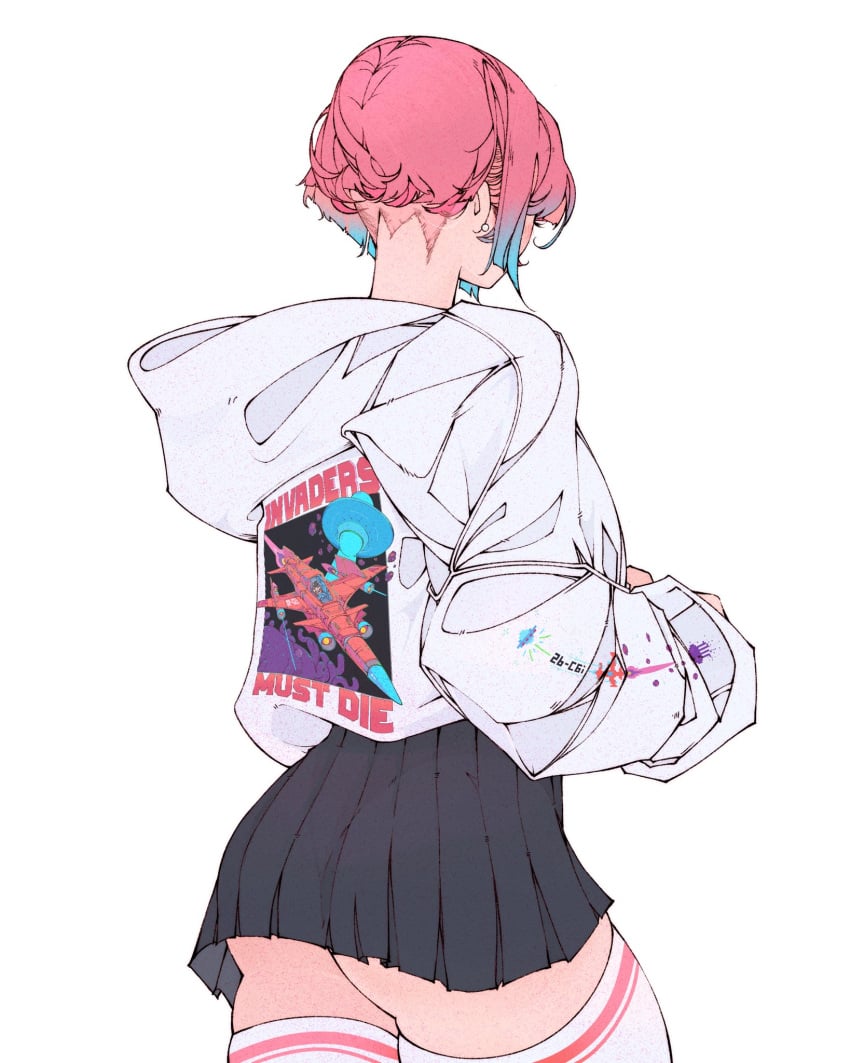 ass curvy from_behind from_behind_view gluteal_fold hoodie merch merchandise miniskirt original original_character pink_hair pleated_skirt skirt sp-ce_(artist) thick thick_ass thighhighs thighs