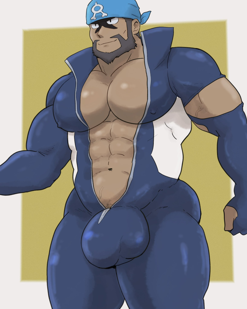 archie_(pokemon) balls bara beard big_bulge bodysuit bulge facial_hair flaccid headkerchief hoshinoedao male male_only muscular nintendo penis pokemon pokemon_oras solo solo_male team_aqua