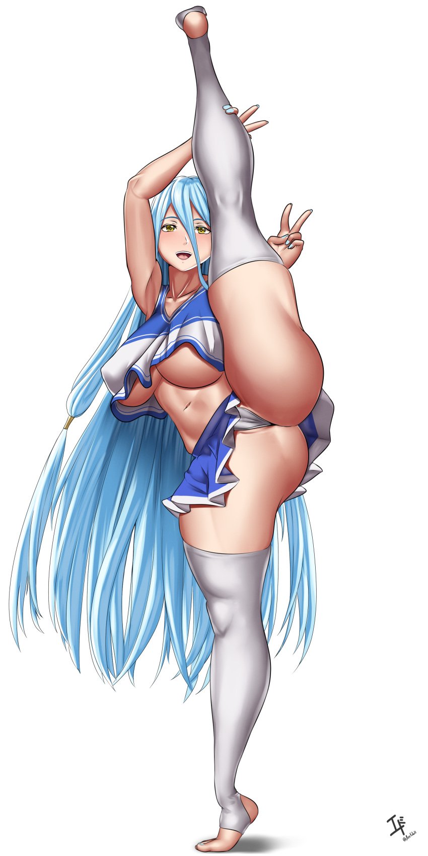 1girls alternate_costume arcedo azura_(fire_emblem) blue_hair cheerleader cheerleader_uniform cleavage female female_only fire_emblem fire_emblem_fates hair_between_eyes highres large_breasts light-skinned_female light_skin long_hair nintendo panties pantyshot plain_background solo splits standing standing_split stockings thick_thighs thighs underboob very_long_hair white_background yellow_eyes