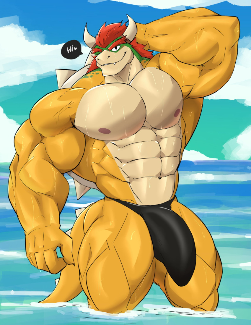 1boy 2023 abs anatake anthro barazoku biceps big_bulge biped bowser bulge clothed clothing cloud day dialogue digital_media_(artwork) genital_outline hair heart hi_res horn koopa looking_at_viewer male male_only mario_(series) muscular muscular_anthro muscular_male muscular_thighs navel nintendo nipples one_eye_closed outside partially_submerged pecs penis_outline quads red_hair scalie shell sky smile solo speech_bubble speedo speedo_only spiked_shell spiked_tail spikes spikes_(anatomy) standing swimwear tail talking_to_viewer tan_body text thick_thighs topless wet wink yellow_body