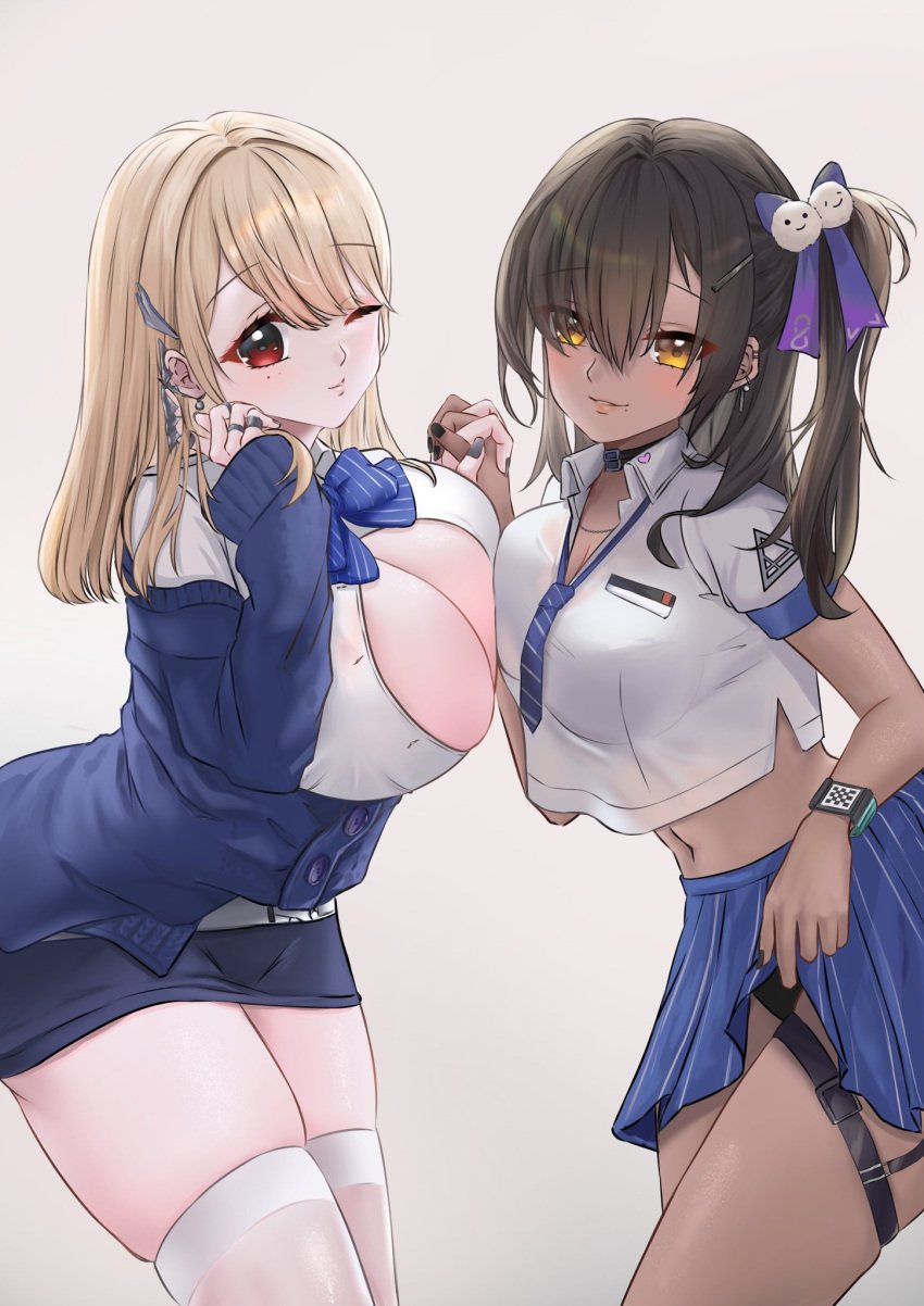 2d 2girls asymmetrical_docking black_bra black_collar black_hair black_nails black_panties blonde_hair blue_bow blue_bowtie blue_jacket blue_necktie bowtie bra bra_visible_through_clothes breasts brown_eyes brown_hair chocolate_and_vanilla claw_ring cleavage closed_mouth clothes_lift collar collared_shirt cropped_shirt dark-skinned_female dark_skin ear_piercing earrings goddess_of_victory:_nikke gyaru hair_ornament hair_tie holding_hands huge_breasts interlocked_fingers ithreeivyi3 jacket jewelry large_breasts light-skinned_female long_hair looking_at_viewer loose_necktie mole mole_under_eye multiple_girls multiple_rings naga_(nikke) nail_polish necklace necktie off-shoulder_jacket off_shoulder one_eye_closed panties partially_unbuttoned pencil_skirt piercing pleated_skirt puffy_sleeves red_eyes ring shirt short_sleeves side_ponytail skirt skirt_lift sleeves_past_wrists smile strap striped_necktie tia_(nikke) underwear white_shirt wristwear