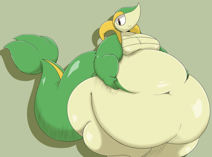 ambiguous_gender anthro belly belly_button big_belly bloocherrypie chubby fat front_view hands_on_belly looking_at_viewer morbidly_obese morbidly_obese_anthro obese pokemon pokemon_(species) simple_background smile snivy tail thick_tail thick_thighs