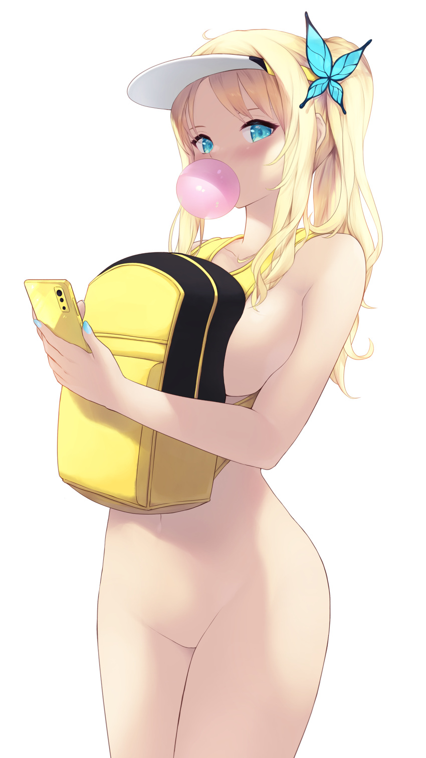 1girls 2d aqua_eyes backsack blonde_hair boku_wa_tomodachi_ga_sukunai breasts bubble_gum cait chewing_gum convenient_censoring large_breasts nude sena_kashiwazaki solo standing