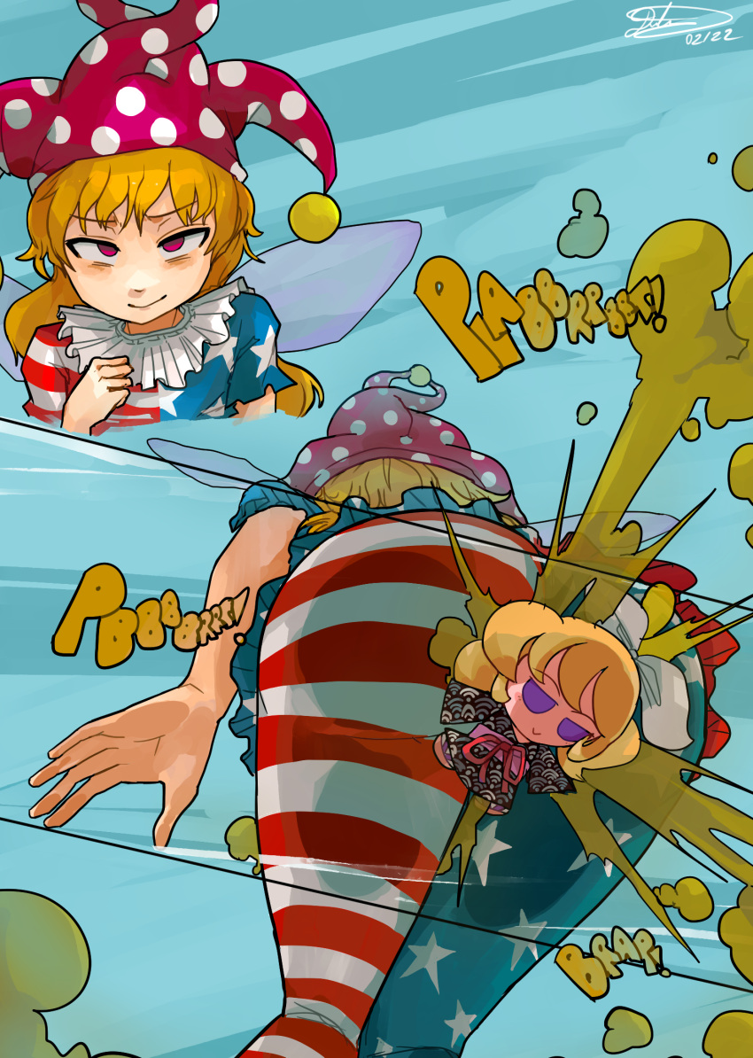 american_flag blonde_hair clownpiece fart fart_cloud fart_fetish fumo_plush glass japanese_clothes touhou usagaijin