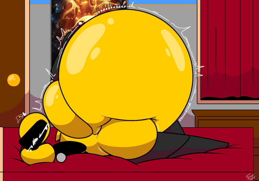 belly big_belly hazmat_suit hyper_ass inflated_belly inflation tight_clothing unknown_artist unknown_character unknown_source yellow_suit