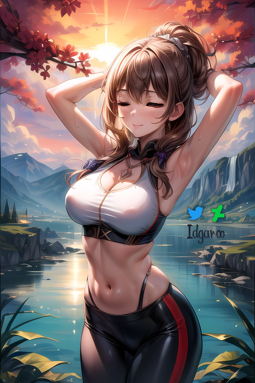 absurd_res ai_generated arms_up brown_hair closed_eyes crop_top genshin_impact hi_res highres idgaroo lisa_(genshin_impact) nature outdoors sports_bra stable_diffusion yoga yoga_pants