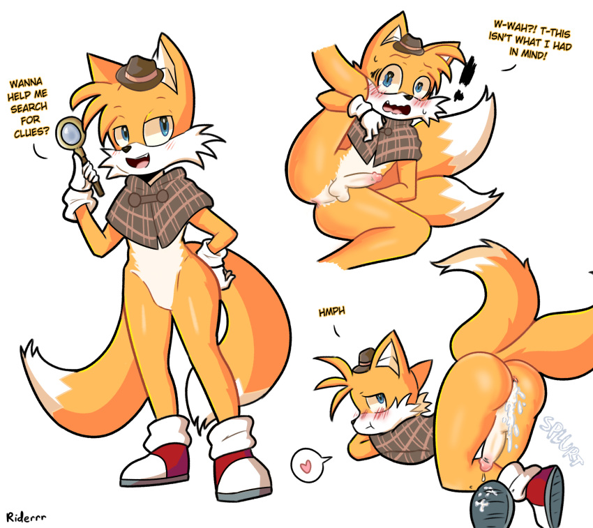 1boy anthro anus ass blush blush_lines cum cum_inside cumdrip embarrassed erection femboy male penis riderrr sega sonic_(series) tails the_murder_of_sonic_the_hedgehog