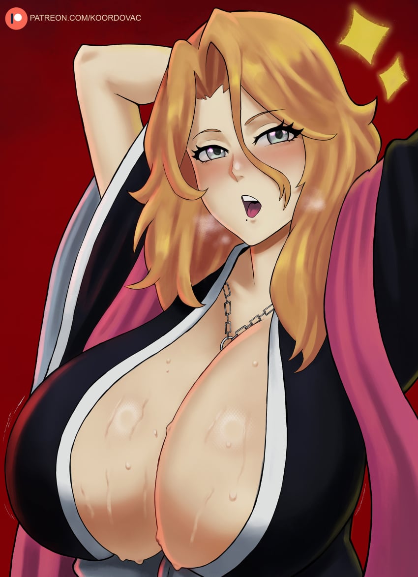 1girls big_breasts bleach bleach:_the_thousand-year_blood_war blue_eyes blush breast_focus breasts huge_breasts kimono koordovac large_breasts long_hair looking_at_viewer matsumoto_rangiku mole mole_under_mouth necklace no_bra oppai orange_hair sagging_breasts scarf shoulder_length_hair solo sweat sweatdrop sweating sweaty sweaty_body upper_body voluptuous