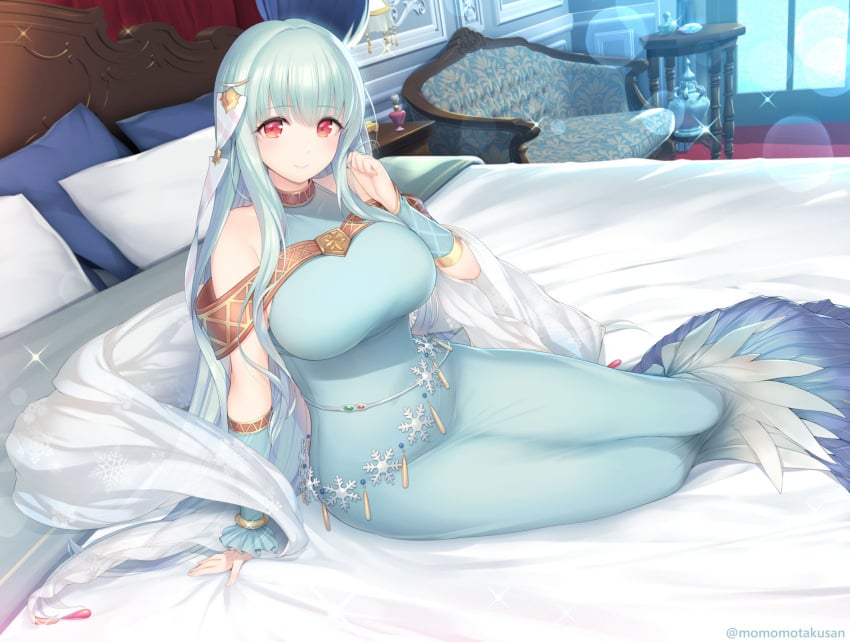 1girls bare_shoulders bed bed_sheet bedroom blue_dress blue_hair bracelet bracer breasts chair dress female female female_only fire_emblem fire_emblem:_the_blazing_blade fire_emblem_heroes hair_ornament hand_in_own_hair highres jewelry kashiwamochi_yomogi large_breasts legs_together light_particles long_hair looking_at_viewer lying ninian_(fire_emblem) nintendo on_bed pillow red_eyes see-through_shawl shawl window