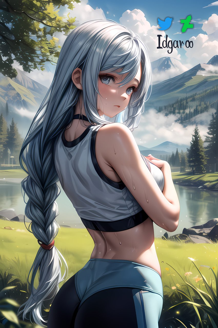 absurd_res ai_generated ass back_view big_breasts blue_eyes blush braid braided_hair crop_top genshin_impact hi_res highres idgaroo lake light_blue_hair long_hair looking_back mountain mountains nature shenhe_(genshin_impact) sports_bra stable_diffusion sweat yoga yoga_pants