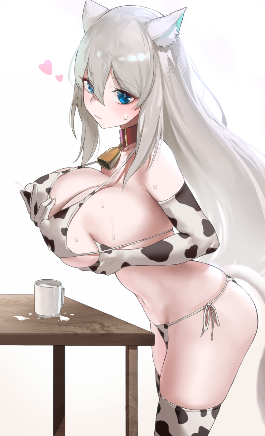 1girls aarontsay absurdres animal_ear_fluff animal_ears animal_print bell bikini breasts cat_ears cat_girl collar cow_print cow_print_bikini cow_print_gloves cowbell dripping female gloves highres huge_breasts indie_virtual_youtuber kazane-wind lactation large_breasts light-skinned_female light_skin midriff milk non-web_source solo string_bikini swimsuit virtual_youtuber