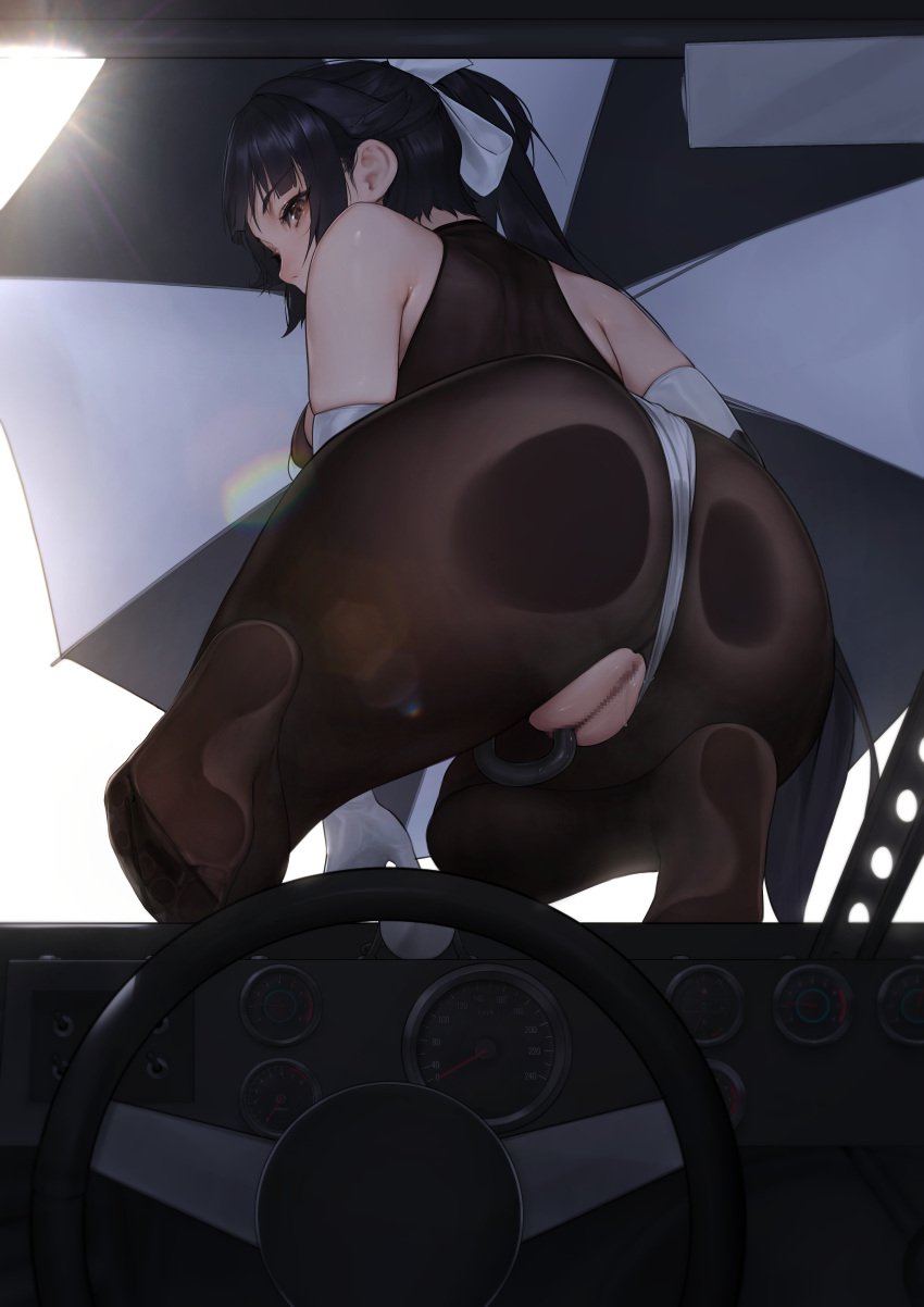 absurdres against_glass ass ass_on_glass azur_lane bare_shoulders beeeeen black_hair bodystocking brown_eyes car_interior censored commission crotchless_pantyhose feet female gloves high_ponytail highres long_hair looking_at_viewer looking_back mosaic_censoring no_shoes pantyhose pixiv_commission pussy solo steering_wheel takao_(azur_lane) takao_(full_throttle_charmer)_(azur_lane) umbrella white_gloves