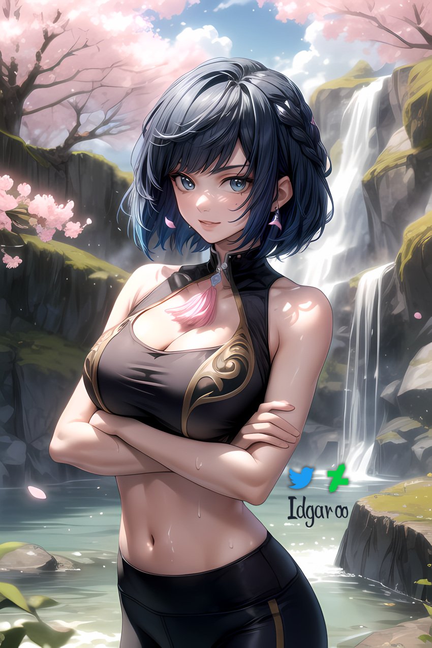 absurd_res ai_generated big_breasts blue_hair braid breasts cherry_tree cleavage crop_top crossed_arms genshin_impact hi_res highres idgaroo looking_at_viewer midriff nature navel sports_bra stable_diffusion sweat waterfall yelan_(genshin_impact) yoga yoga_pants