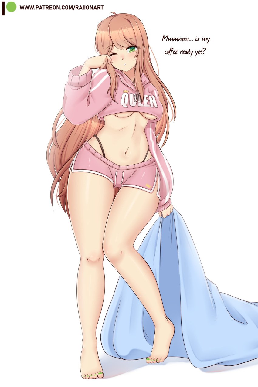 bare_legs barefoot belly belly_button big_breasts big_hips doki_doki_literature_club feet green_eyes legs long_hair long_legs looking_at_viewer monika_(doki_doki_literature_club) pajamas raionart shorts sleepy tanga thick_thighs topwear underboob