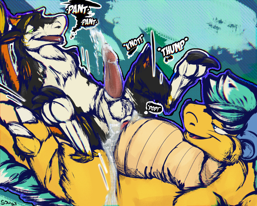 anthro balls bodily_fluids cum dragon duo furry genital_fluids genitals hi_res knotting kronas male male/male non-human penis sergal sex sjru sjru_(artist) text yellow_body