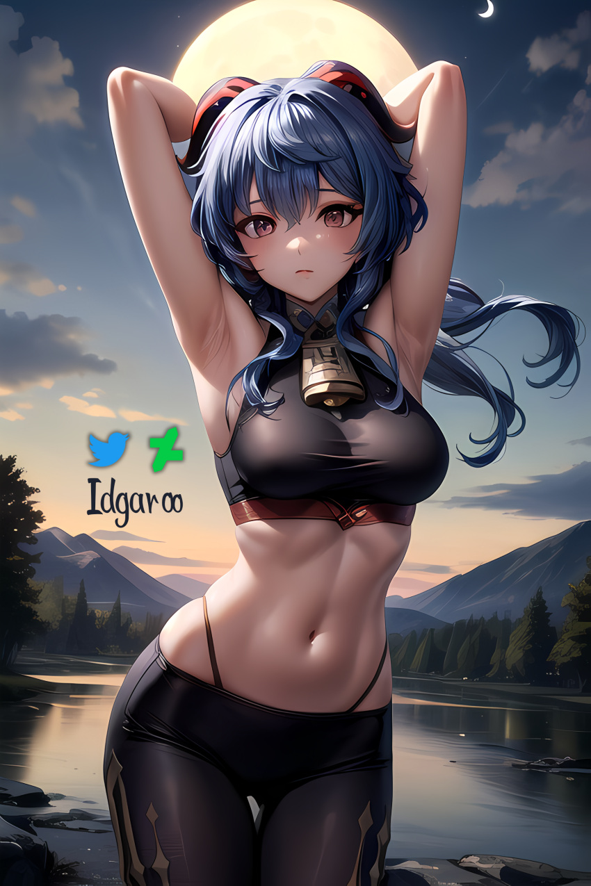 1girls absurd_res ai_generated arms_up blue_hair breasts brown_eyes crop_top female female_only ganyu_(genshin_impact) genshin_impact hi_res highres horns idgaroo lake moon nature night sports_bra stable_diffusion yoga yoga_pants