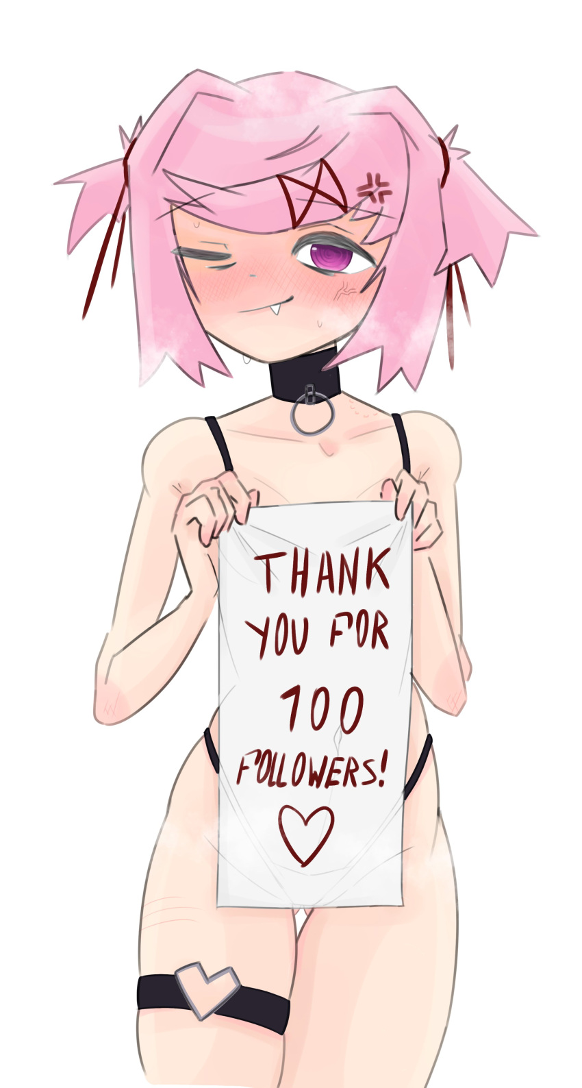 1female 1girls 5_fingers anger_vein ass_visible_through_thighs background bare_shoulders blush blushing collar doki_doki_literature_club emiillb english_text eye_closed fang follower_celebration heart hickey iconography milestone_celebration natsuki_(doki_doki_literature_club) navel number oerba_yun_fang one_eye_closed pink_eyes pink_hair simple_background text thigh_gap thighs thong white_background