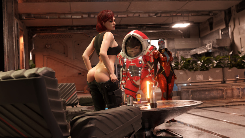 1boy 2girls 3d asari ass bare_ass belethor's_smut blue_skin commander_shepard eyeshadow female femshep green_eyes hi_res krogan looking_back male mass_effect medium_hair no_panties pulling_down_pants red_hair samara undressing