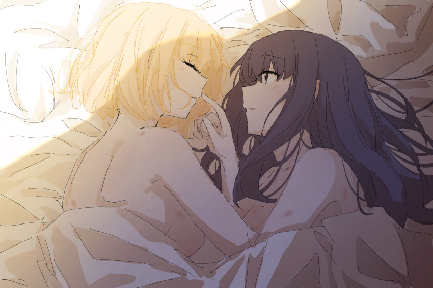 2girls absurdres after_sex black_hair blonde_hair breasts closed_eyes commentary couple english_commentary fafayu hickey highres inoue_takina large_breasts long_hair looking_at_another lycoris_recoil lying multiple_girls nishikigi_chisato nude on_bed on_side parted_lips purple_eyes short_hair sidelocks smile sunlight under_covers upper_body yuri