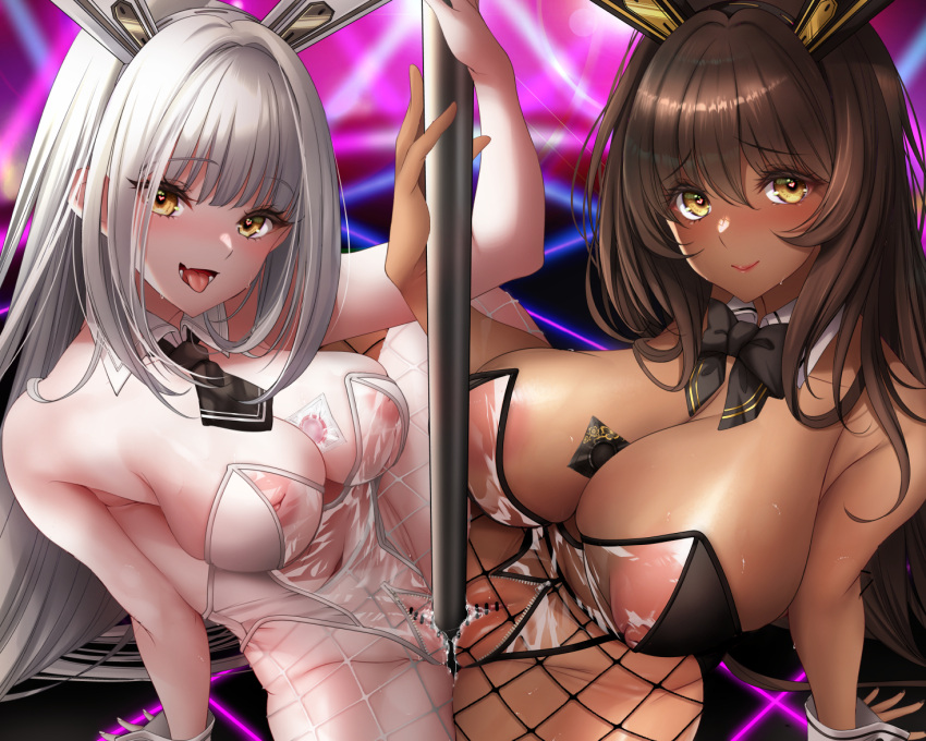 2girls :d bare_shoulders between_breasts blanc_(nikke) blush bow bowtie breasts brown_eyes bunny_ears bunnysuit censored cleavage condom condom_packet_strip condom_wrapper dark-skinned_female dark_skin fishnet_pantyhose fishnets goddess_of_victory:_nikke grinding hatori_mia heart heart_in_eye inverted_nipples large_breasts leotard long_hair multiple_girls navel necktie nipples noir_(nikke) pantyhose playboy_bunny pole_dancing pussy pussy_juice see-through see-through_clothing siblings sisters smile spread_legs sweat symbol_in_eye teeth tongue tongue_out transparent_bunnysuit very_long_hair white_hair wrist_cuffs yellow_eyes