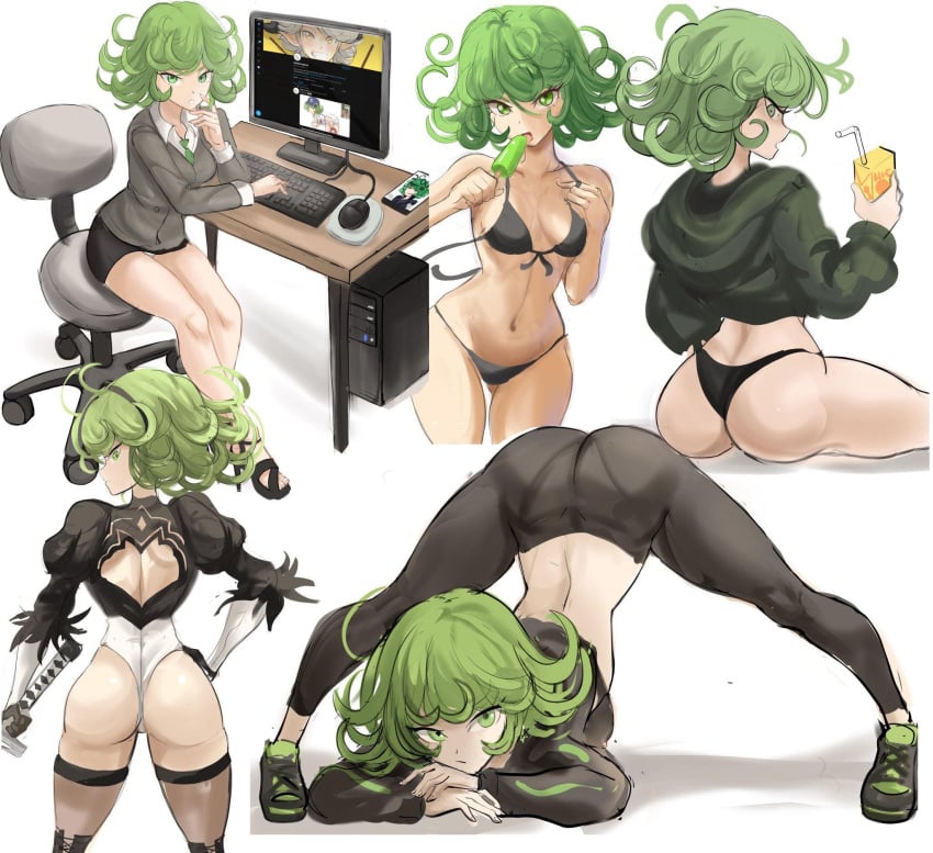 1girls arm_rest ass ass_focus bikini black_sweater breasts closed_mouth clothes_lift face_down_ass_up female female_only flexible front_view green_eyes green_hair highres hoodie jack-o'_challenge jack-o_pose multiple_images multiple_views navel nier nier:_automata one-punch_man pantyshot pantyshot_(sitting) pussy rakeemspoon shoes small_breasts sneakers solo stomach sweater sweater_lift tatsumaki thighs twitter yorha_2b yorha_2b_(cosplay)