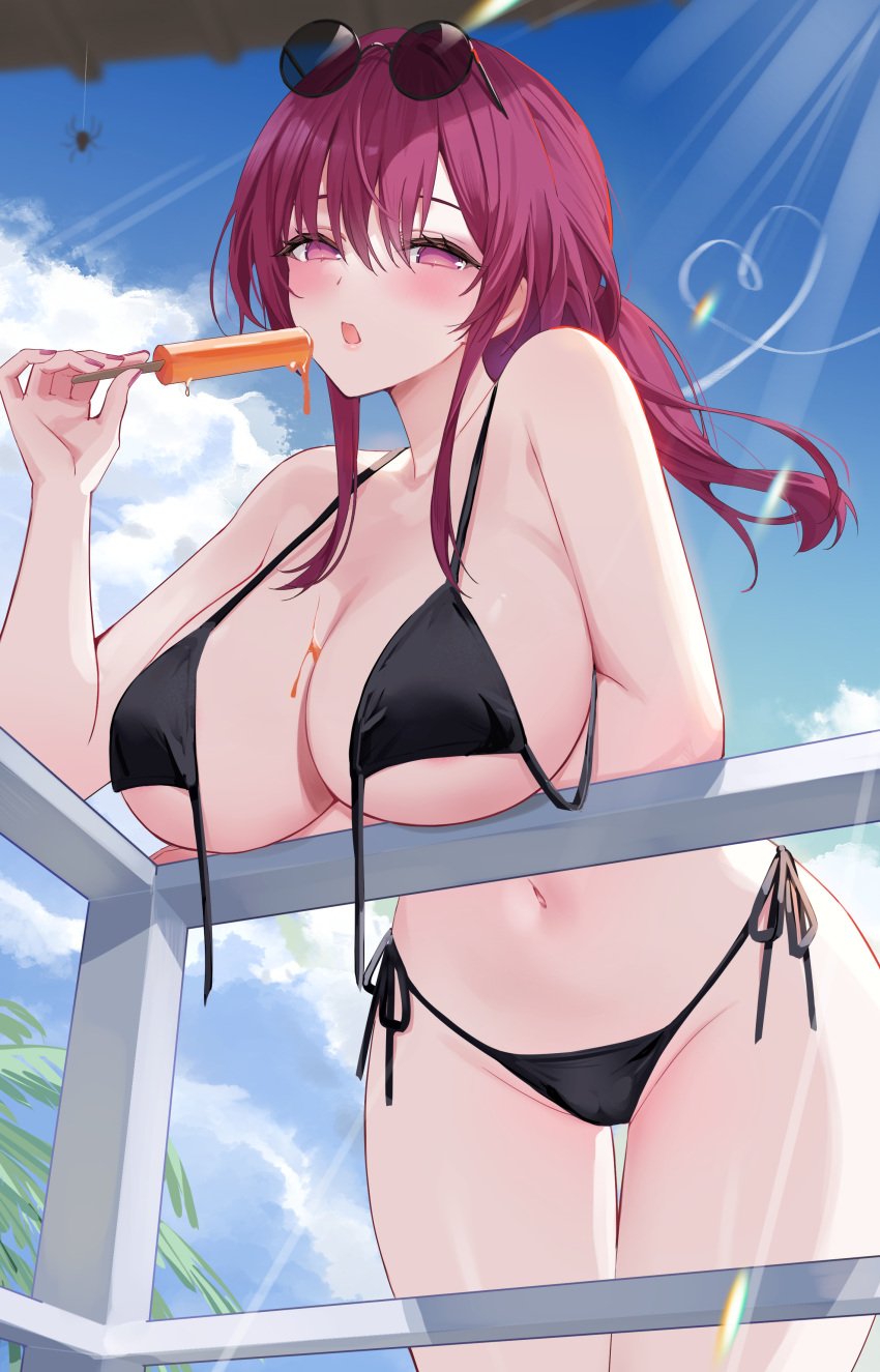 1girls arm_under_breasts big_breasts bikini female female_only glasses glasses_on_head hi_res highres honkai:_star_rail kafka_(honkai:_star_rail) large_breasts looking_at_viewer marumai navel outdoors outside popsicle purple_eyes purple_hair side-tie_bikini sky solo solo_female swimsuit thick thick_thighs thighs voluptuous